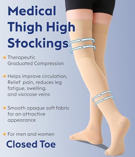 Thigh High Compression Stockings Closed Toe for Men & Women, Opaque, KEKING 15-20mmHg Graduated Compression Leg Support Hose with Silicone Band - Swelling, Varicose Veins, Edema, DVT, Beige Large