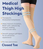 Thigh High Compression Stockings Closed Toe for Men & Women, Opaque, KEKING 15-20mmHg Graduated Compression Leg Support Hose with Silicone Band - Swelling, Varicose Veins, Edema, DVT, Beige Small