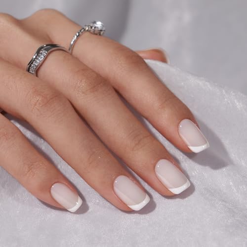 BTArtbox French Tip Press On Nails - Short Press on Nails Square, Glue On Nails for Women Gift, Supremely Fit Natural Stick On Nails in 15 Sizes - 30 Fake Nails Kit, Classic French