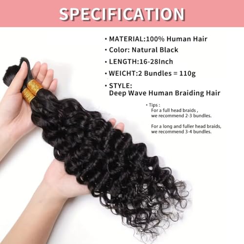 Deep Wave Bulk Human Hair for Braiding 110g 12A Brazilian Virgin Curly Human Hair Extensions for Boho Braids Human Hair 28 Inch Wet and Wavy Human Braiding Hair 2 Bundles/Pack Natural Color