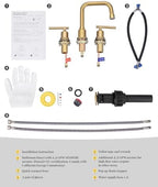 WOWOW Brushed Gold Bathroom Faucet Widespread Bathroom Sink Faucet 2 Handle Lavatory Tap 3 Holes with Drain and Supply Hoses Mordern Basin Taps