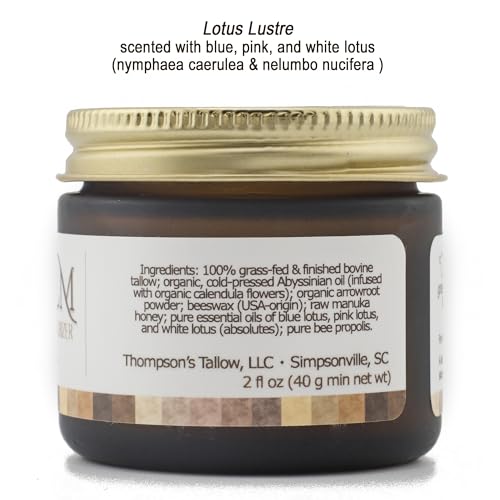 Thompson’s Tallow – Beef Tallow for Skin, 100% Grass-Fed Whipped Tallow Balm Moisturizer with Abyssinian Oil, Manuka Honey & Propolis, Herb-Infused, USA Handmade, Blue Lotus, Pink + White Lotus