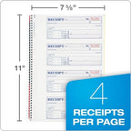 Adams Money and Rent Receipt Book, 2-Part Carbonless, 7-5/8" x 11", Spiral Bound, 200 Sets per Book, 4 Receipts per Page (SC1182), White/Canary