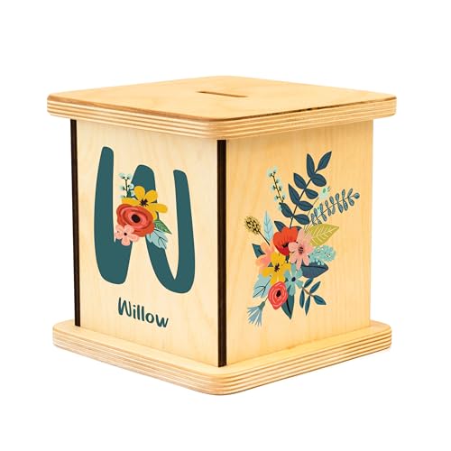 Wooden Piggy Bank for Kids and Adults, Personalized Gift Handmade in USA by BloomOwl, Custom Piggy Bank, Personalized Banks for Kids, Gifts for Baby Boys and Girls (Floral- Botanical)