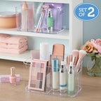 STORi Bliss 5-Compartment Plastic Cosmetics Storage Organizer, Set of 2 | Clear | Rectangular Divided Makeup Bin & Vanity Caddy with Pass-Through Handles | Round Corner Design | Made in USA