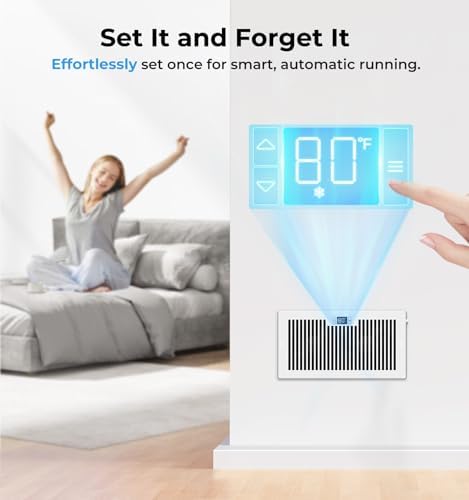 Quiet Register Booster Fan Fits 6" x 12" (Duct Opening Cutout), 10-Speed Smart Heating Cooling AC Vent Booster Fan w/Remote Control & Thermostat Control (White) - Corded