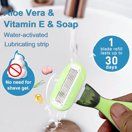 Mini Razors for Women Travel, Extra Smooth On The Go Razor, Portable 5-Blade Womens Razors for Shaving, Travel Essentials for Women, 1 Mini Razor, 3 Refills and 1 Travel Case, Avocado Green