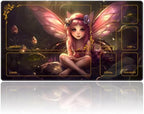 DEGDFSGR for MTG Playmat with Zones 24 x 14 inches for TCG Playmats Non-Slip Rubber Base Commander Play Mat for Magic The Gathering Playmat Iorcana Trading Card Game, Pink Fairy Sitting Flower Meadow