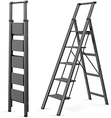 WOA WOA 5 Step Ladder, Ladders for Home, Anti-Slip Pedals, Aluminum Step Stool Foldable, Lightweight to Move, Ease of Storage, Reach 10ft for Closet Kitchen Library, Hold 300lbs - Black