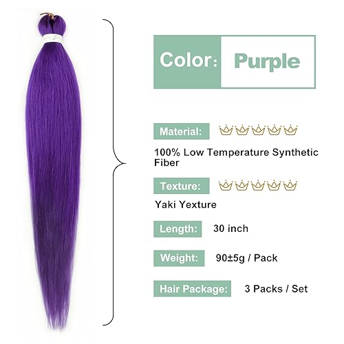 Purple Braiding Hair Pre stretched 30 Inch 3 Packs Pre-stretched Braiding Hair EZ Braid Yaki Texture Synthetic Hair Extensions for Crochet Box Braids