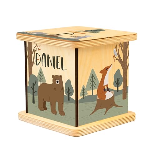 Wooden Piggy Bank for Kids and Adults, Personalized Gift Handmade in USA by BloomOwl, Custom Piggy Bank, Personalized Banks for Kids, Gifts for Baby Boys and Girls (Woodland)