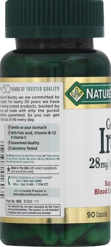 Nature’s Bounty Gentle Iron 28 mg Capsules with Vitamin C,Folic Acid,Vitamin B-12 Iron Supplement,Non-GMO,Gluten-Free,90 Count (Pack of 3)