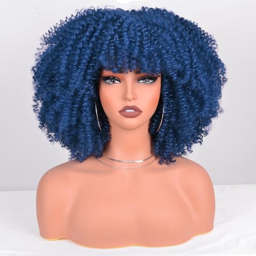 Afro Curly Wigs for Black Women Afro Bomb Kinky Curly Wig with Bangs 12 Inches about 280g Fluffy and Soft Glueless Synthetic Hair Wig (Dark Blue)