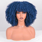 Afro Curly Wigs for Black Women Afro Bomb Kinky Curly Wig with Bangs 12 Inches about 280g Fluffy and Soft Glueless Synthetic Hair Wig (Dark Blue)