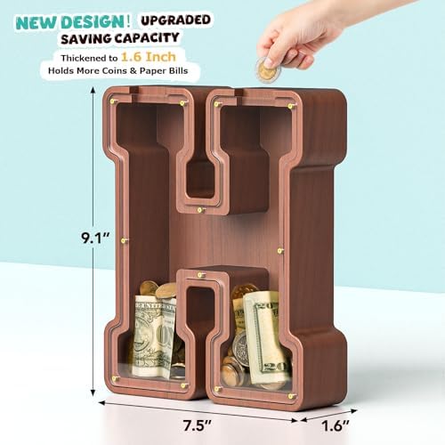 Summidate Wooden Letter Piggy Bank, Extra Thick Large Capacity Piggy Bank for Kids Boys Girls Toddler, Alphabet H Money Bank| Coin Box Birthday, Christmas, Festival