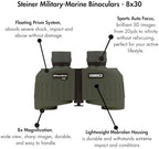 Steiner Military-Marine Series Binoculars, Lightweight Tactical Precision Optics for Any Situation, Waterproof, Green, 8x30