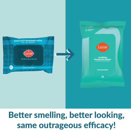 Lume Acidified Deodorant Wipes - 24 Hour Odor Control - Aluminum Free, Baking Soda Free, Skin Safe - 15 Count (Pack of 3) (Cool Cucumber)