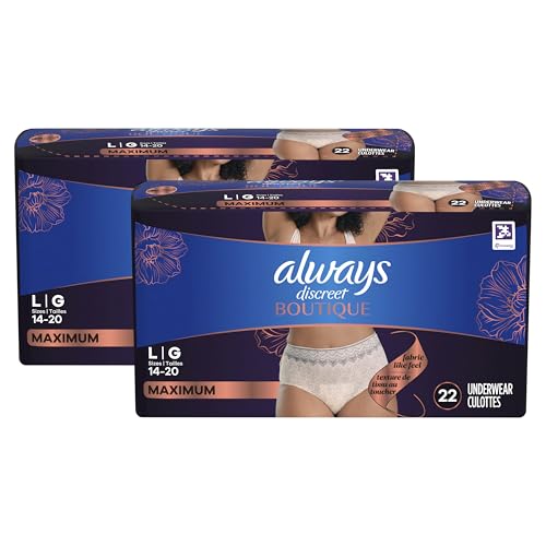 Always Discreet Boutique Incontinence and Postpartum Underwear for Women, Maximum Protection, Large, Rosy, 44 Count (2 Packs of 22)