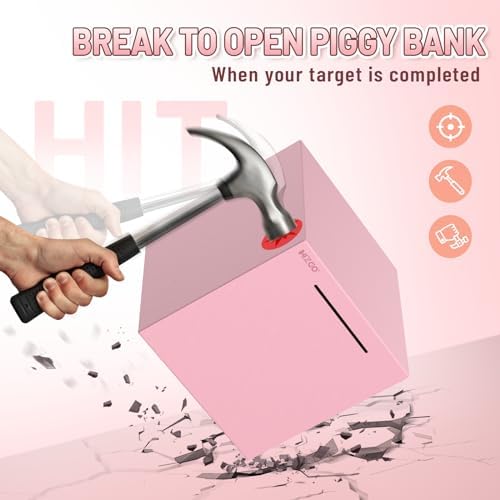 hizgo Adults Pink Piggy Bank, Stainless Steel Piggy Bank for Adults/Kids Must Break to Open, Unopenable Money Saving Box(7.9-inch, Pink)