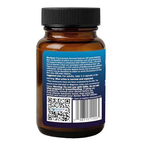 Nutricel Methylene Blue Capsules - Pharmaceutical Grade Supplement - Trusted Made in America Brand - 12mg (USP Reference Compliant) with Vitamin C Ester Enhanced Absorption - Third Party Tested (60ct)