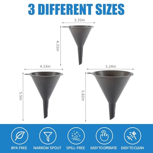 Plastic Kitchen Funnel Set of 3, Round Kitchen Funnels for Filling Bottles, Durable and Multifunctional Funnels for Filling Canning, Cooking, Lab or Car Oil