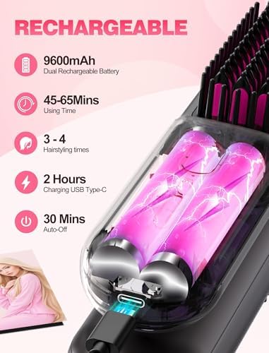 Cordless Hair Straightener Brush for Travel,Mini Hair Straightener Comb with Negative Ion,Portable hot Brush for Women, Rechargeable 9600mAh Battery, Anti-Scald,12 Temp-Setting