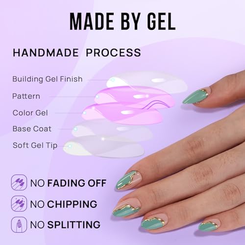 BTArtbox Press On Nails Almond - Spring Green French Tip Press On Nails Short for Gift, Light Weight Nail Tips, Natural Fake Nail with Glue, Glue On Nails in 16 Sizes - 30 Nail Kit, Turquoise