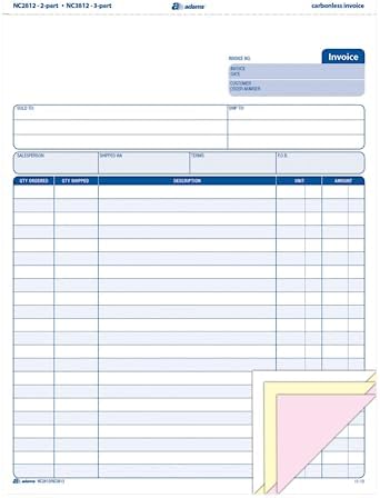 Adams Invoice Unit Set, 8.5 x 11.44 Inch, 3-Part, Carbonless, 100-Pack, White and Canary and Pink (NC3812)