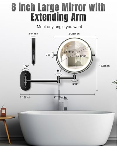 Wall Mounted Makeup Mirror with Light, 20X/1X 8'' Double Sided LED Magnifying Bathroom Lighted Vanity Mirror with Magnification, 3 Color Light up Touch Dimmable Extended Arm 360 Rotation