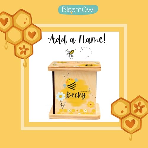 Wooden Piggy Bank for Kids and Adults, Personalized Gift Handmade in USA by BloomOwl, Custom Piggy Bank, Personalized Banks for Kids, Gifts for Baby Boys and Girls (Bee)