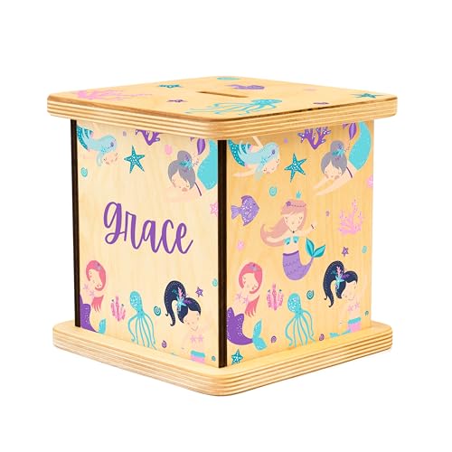 Wooden Piggy Bank for Kids and Adults, Personalized Gift Handmade in USA by BloomOwl, Custom Piggy Bank, Personalized Banks for Kids, Gifts for Baby Boys and Girls (Mermaid)