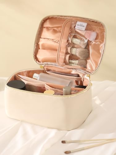 KITENROM Extral Large Makeup Bag Portable Cosmetic Bags for Women Zipper Pouch for Purse Make Up Case with Detachable Divider Toiletry Organization Waterproof Beige