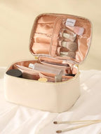 KITENROM Extral Large Makeup Bag Portable Cosmetic Bags for Women Zipper Pouch for Purse Make Up Case with Detachable Divider Toiletry Organization Waterproof Beige