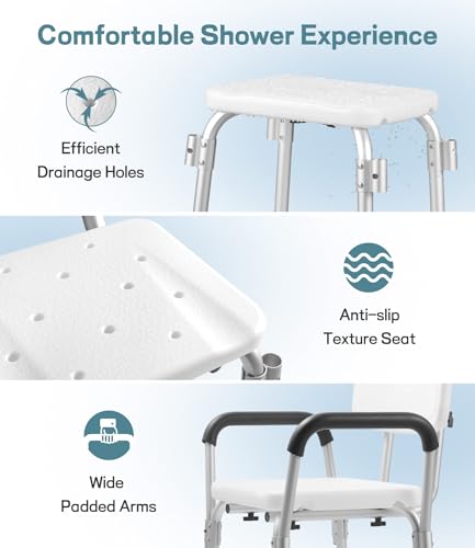 TABEKE Shower Chair for Inside Shower, Heavy Duty Shower Chair with Backrest & Padded Armrest, Height Adjustable Shower Bench, Shower Seat for Bathtub, Elderly and Disabled