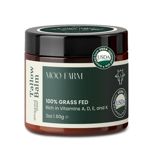 MOO FARM Beef Tallow for Skin - Natural Hydrating Balm -Low Heat Grass-Fed Organic Beef Tallow for Skin, Unscented- Safe for Sensitive, Allergic Body- Rich Vitamins A,D,E,K & B1 - Made in USA(2oz)