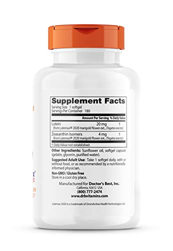 Doctor's Best Lutein Supplement 20mg with Zeaxanthin - Lutein for Eyes, Eye Health Vitamins for Men & Women, Vision and Macular Health Support, Lutemax 2020 Marigold Flower Extract - 180 Softgels