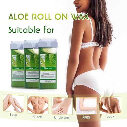 Roll On Soft Wax Refill Kit - 3 Pack Aloe Roller for Painless Hair Removal, Depilatory Cartridges for Body, Legs, Back, Armpits, Bikini Line, Women's Sensitive Skin