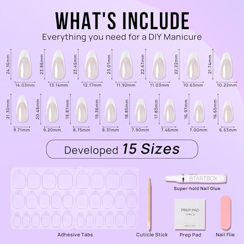 BTArtbox Press On Nails Almond - Chrome French Tip Press on Nails, White Glue On Nails for Gifts, Natural Reusable Glazed Stick On Nails in 15 Sizes - 30 Fake Nails Kit, White Swan