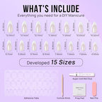 BTArtbox Press On Nails Almond - Chrome French Tip Press on Nails, White Glue On Nails for Gifts, Natural Reusable Glazed Stick On Nails in 15 Sizes - 30 Fake Nails Kit, White Swan