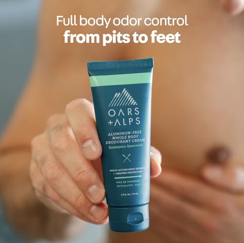 Oars + Alps Whole Body Deodorant Cream For Men - Multi-Action Odor Defense - Aluminum Free, Baking Soda Free, Anti-Chafe - 2.5 Ounce Tube - Eucalyptus Spearmint