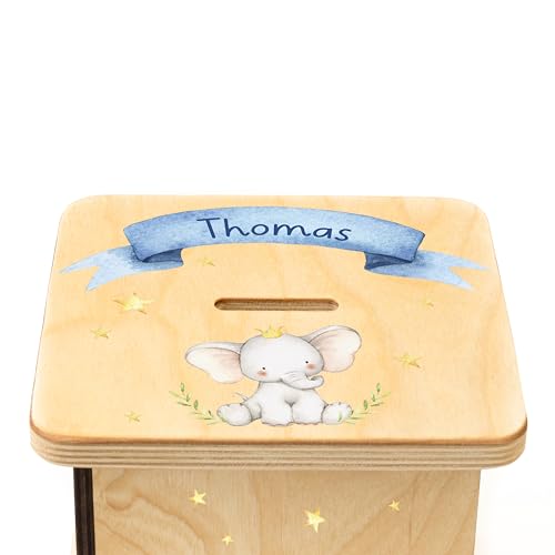 Wooden Piggy Bank for Kids and Adults, Personalized Gift Handmade in USA by BloomOwl, Custom Piggy Bank, Personalized Banks for Kids, Gifts for Baby Boys and Girls (Elephant- Blue)