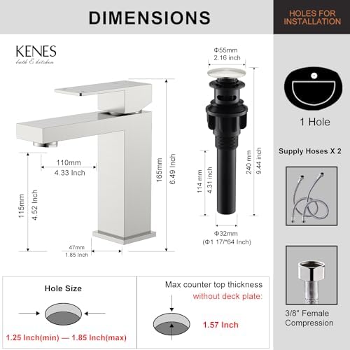 KENES Single Handle Bathroom Sink Faucet, Brushed Nickel Vanity Faucet for Bathroom Sink, with Pop Up Drain Stopper & Water Supply Lines LJ-9031