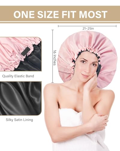 Aquior Shower Cap,Extra Adjustable Shower Caps for Women Double-Layer Waterproof Reusable Hair Cap, Large Size Hair Cap for All Hair,for Girls Spa Bath,Soft and Comfortable (Pink)