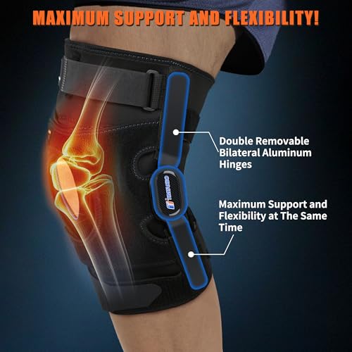 Knee Brace with Side Stabilizers & Patella Gel Support, Knee Brace for Men/Women with Removable Dual Metal Hinges, Adjustable Knee Braces for Knee Pain Relief, Arthritis, Meniscus Tear, ACL, PCL, MCL