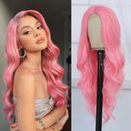 Long Wavy Pink Wig for Women 26 Inch Middle Part Pink Curly Wavy Wig Natural Looking Synthetic Heat Resistant Fiber Wig for Daily Halloween Cosplay Party Use (26 Inch, Pink)