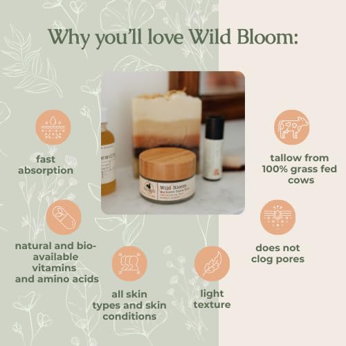 Handmade Wild Bloom Bio-Active Tallow Face Balm/Cream with Blue Tansy - Hydrate, Nourish, and Protect Skin - .7 oz