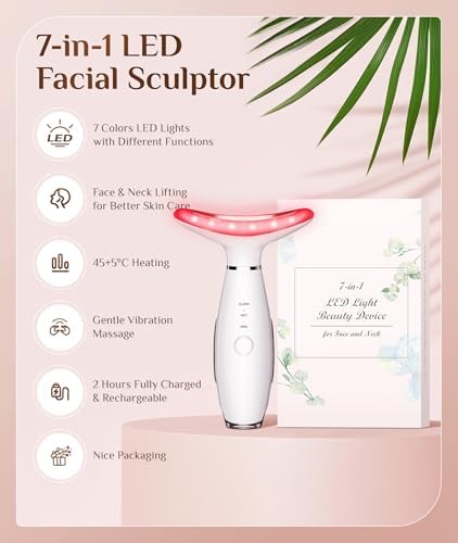 7 Color Galvanic Machines - Red Light Therapy for Face and Neck, Face Massager Tool for Wrinkles, Double Chin, Vibrating Facial Massager with Thermals, White