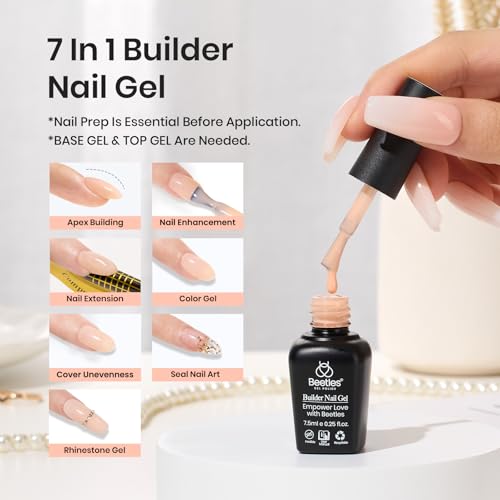 beetles Builder Gel 6 Colors 7 in 1 Strengthener Gel Clear Nude Pink Milky White Hard Gel Nail Extension Gel Rhinestone Gel Nail Glue Art Base Gel Needed