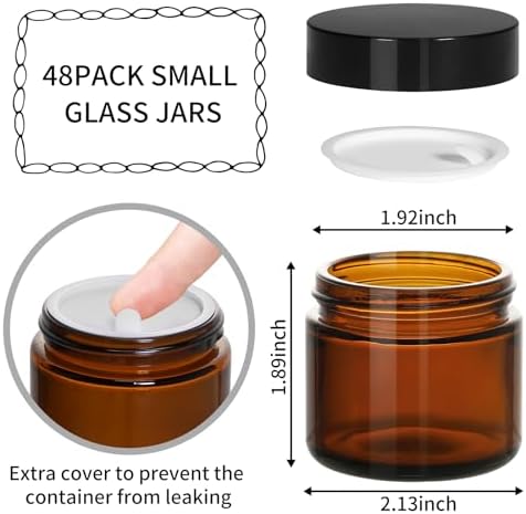 KEYWING 2oz Small Glass Jars with Black Lids, 48 Pack Amber Glass Cosmetic Jars, Round Empty Sample Container with Inner Liners for Lotions, Cream, Powders and Ointments