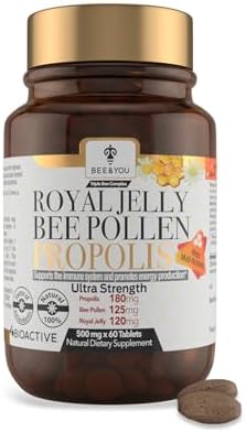 Bee and You Royal Jelly Tablet, Propolis Extract, Bee Pollen, 100% Natural Superfood, Ultra Pure, Immune Support Supplement, Improve Energy, Focus, Antioxidants, Fresh, Keto, Paleo, Gluten-Free | 60ct